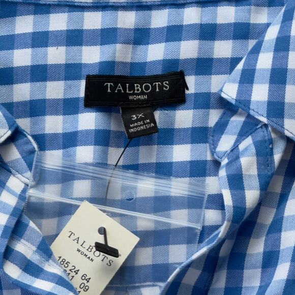 Talbots Woman Size 3X Blue White Plaid Long Sleeve Button Pullover Blouse - Picture 3 of 5